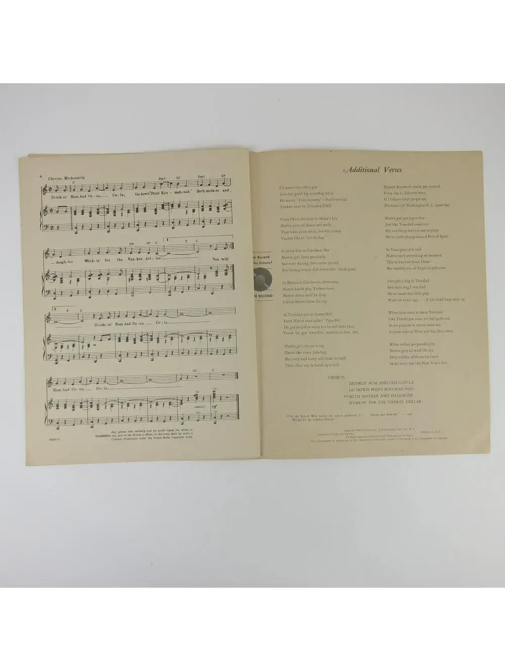 Sheet Music Rum and Coca-Cola Andrews Sisters Vintage 1944